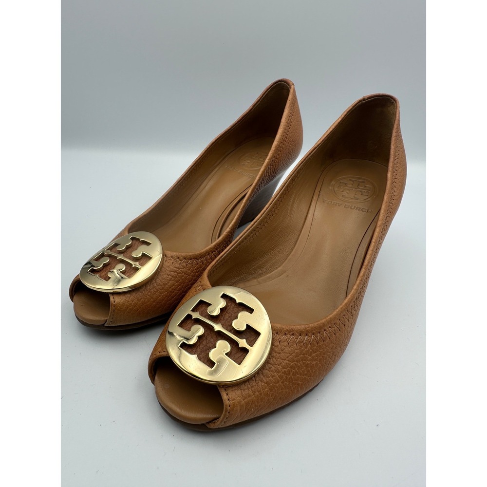 Tory Burch Sally Gold Peep Toe Wedge Heels Shoes Royal Tan‎ Leather 6.5 Designer - Picture 2 of 12